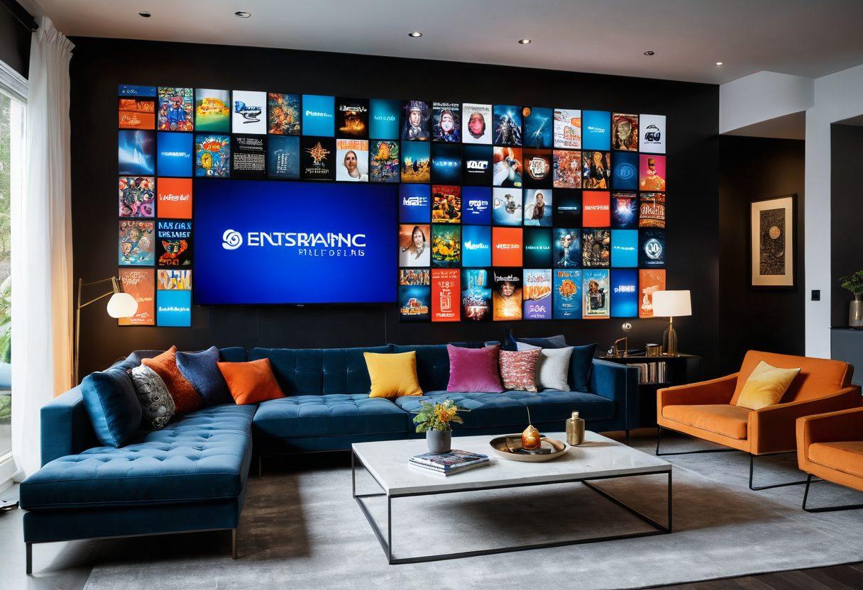 A sleek modern living room with a large screen displaying a variety of vibrant adult streaming service logos. The walls decorated with posters of different niche genres, while people comfortably lounge on a stylish sofa, engrossed in their devices. Soft ambient lighting sets a cozy mood, emphasizing the transformative nature of entertainment. A coffee table filled with snacks and drinks adds a casual touch, suggesting a night in. super-realistic. vibrant colors. contemporary style.